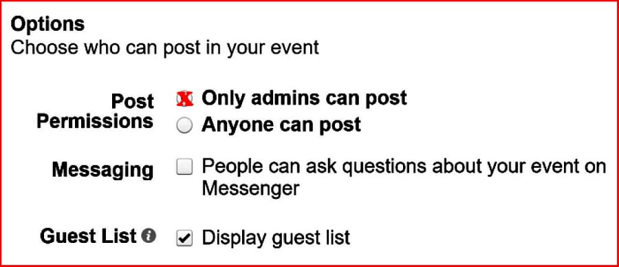 Facebook event setting